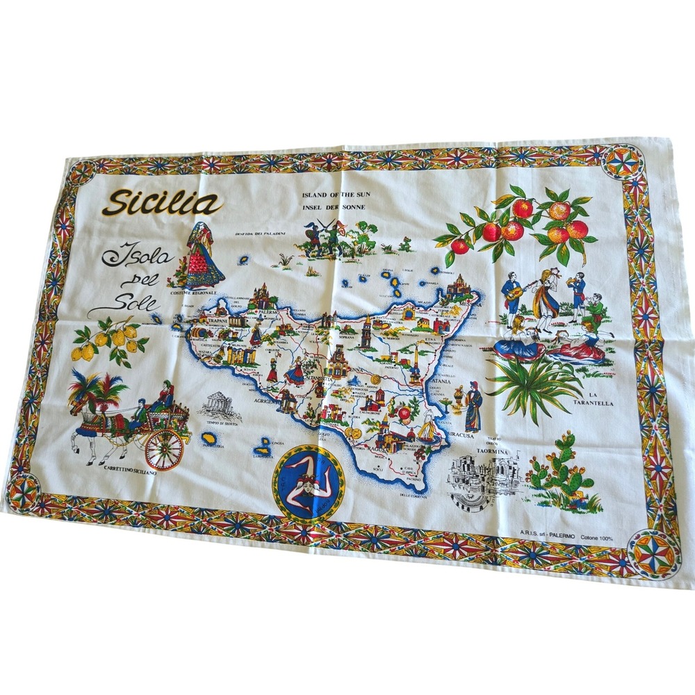 VINTAGE 34x21 Tea Towel White Sicily Map Isola del Sole 100% Cotton